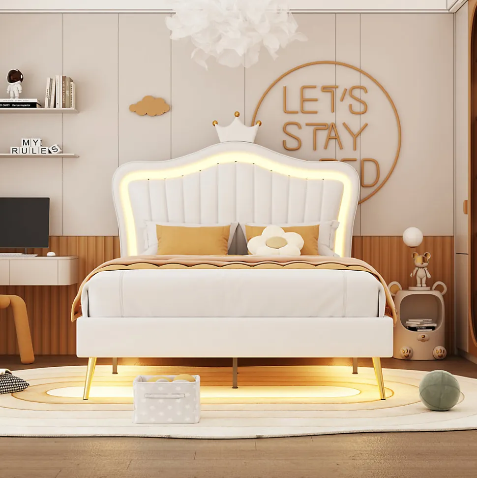 Lit enfant 90x200 cm PU blanc, cadre couronne, LED, sommier à lattes, dossier, pratique et décoratif, sans matelas