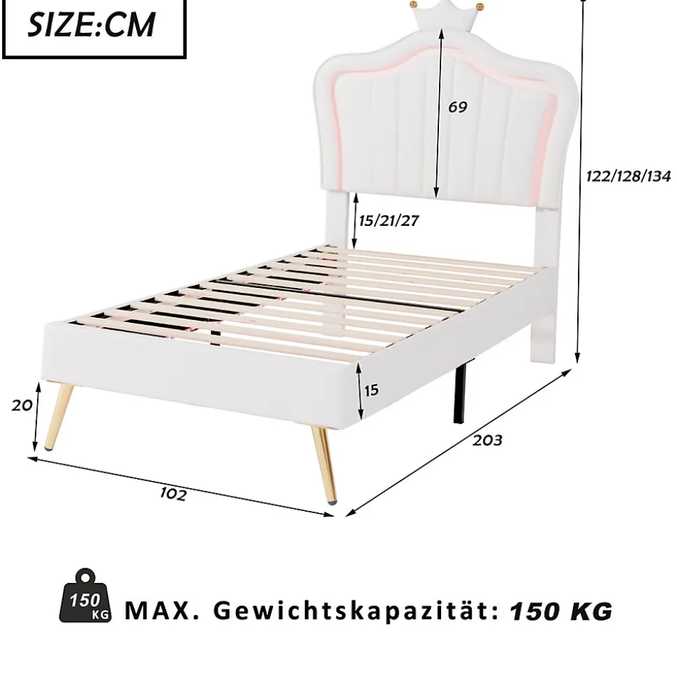Lit enfant 90x200 cm PU blanc, cadre couronne, LED, sommier à lattes, dossier, pratique et décoratif, sans matelas