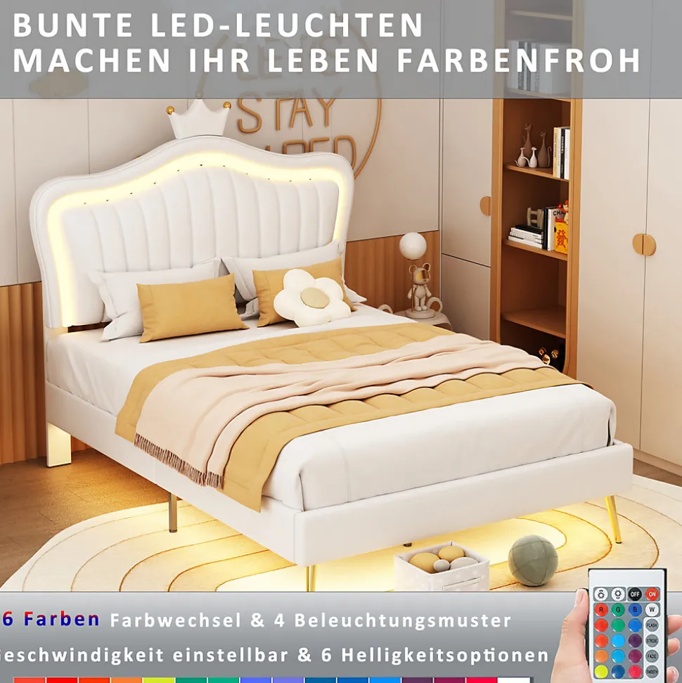 Lit enfant 90x200 cm PU blanc, cadre couronne, LED, sommier à lattes, dossier, pratique et décoratif, sans matelas