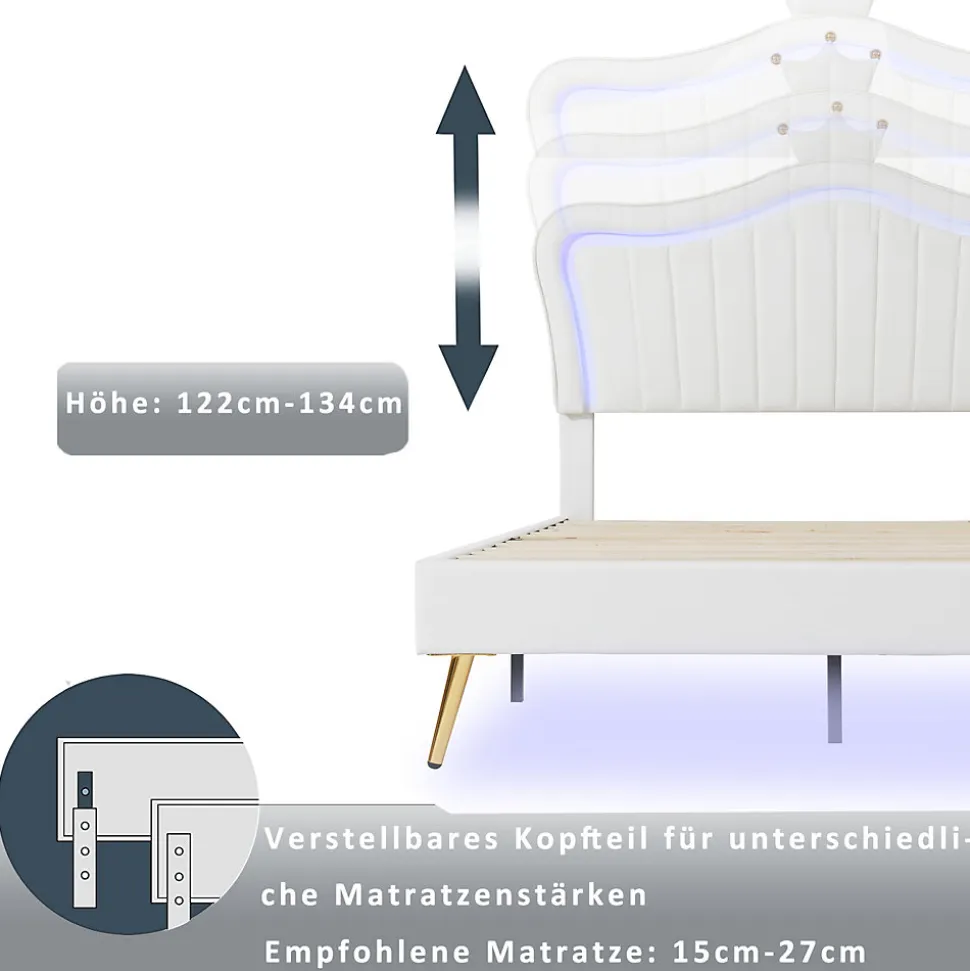 Lit enfant 90x200 cm PU blanc, cadre couronne, LED, sommier à lattes, dossier, pratique et décoratif, sans matelas