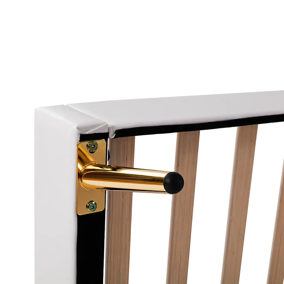 Lit enfant 90x200 cm PU blanc, cadre couronne, LED, sommier à lattes, dossier, pratique et décoratif, sans matelas