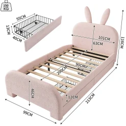 Lit enfant 90x200 cm rembourré laine rose avec tête cartoon lapin et 2 tiroirs de rangement, Pratique et ludique