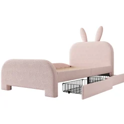 Lit enfant 90x200 cm rembourré laine rose avec tête cartoon lapin et 2 tiroirs de rangement, Pratique et ludique