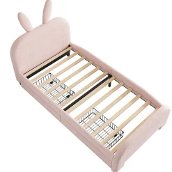 Lit enfant 90x200 cm rembourré laine rose avec tête cartoon lapin et 2 tiroirs de rangement, Pratique et ludique