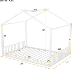 Lit enfant 140x200 cm sans matelas, cadre en métal avec tête de lit en forme de maison, confortable, blanc