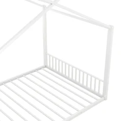 Lit enfant 140x200 cm sans matelas, cadre en métal avec tête de lit en forme de maison, confortable, blanc