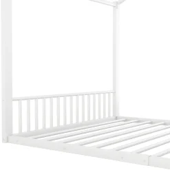 Lit enfant 140x200 cm sans matelas, cadre en métal avec tête de lit en forme de maison, confortable, blanc