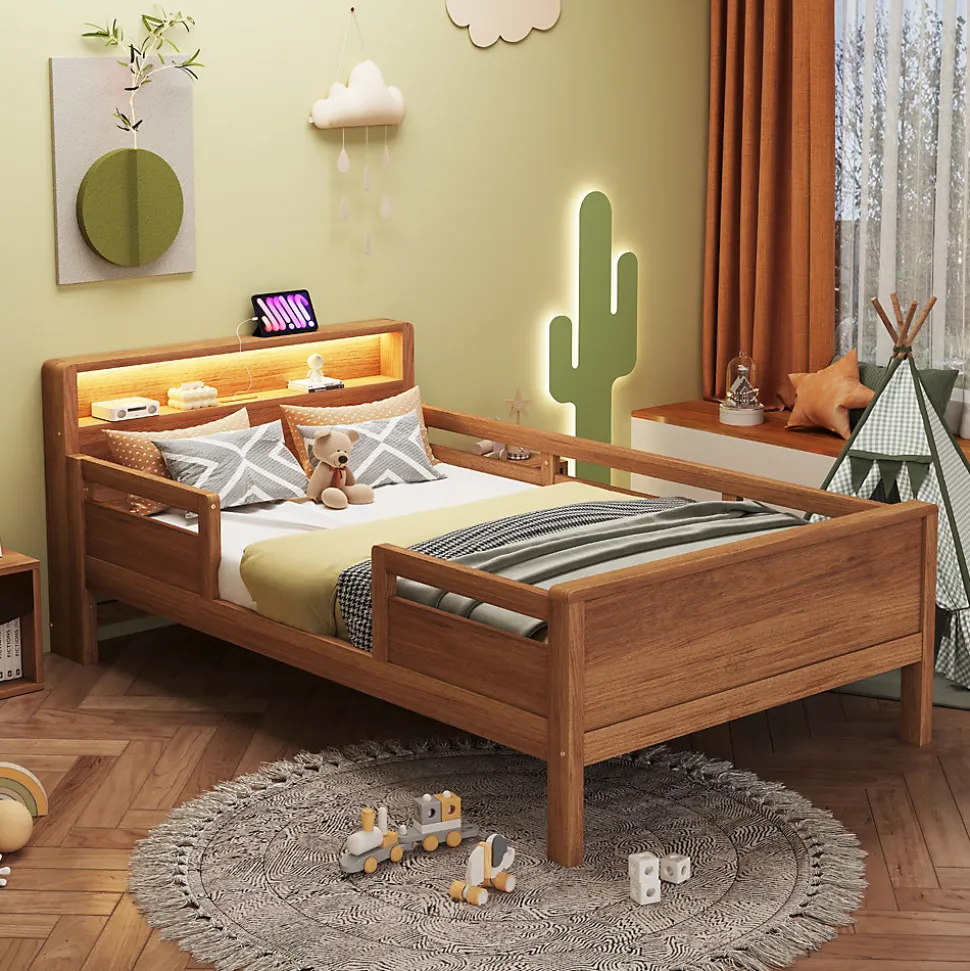 Lit enfant 90x200 cm simple avec USB/Type-C, LED et tête de lit rangement, pin massif et MDF naturel, sans matelas