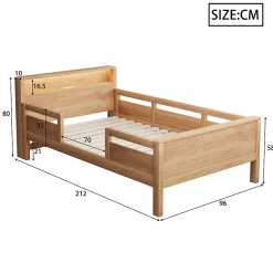 Lit enfant 90x200 cm simple avec USB/Type-C, LED et tête de lit rangement, pin massif et MDF naturel, sans matelas