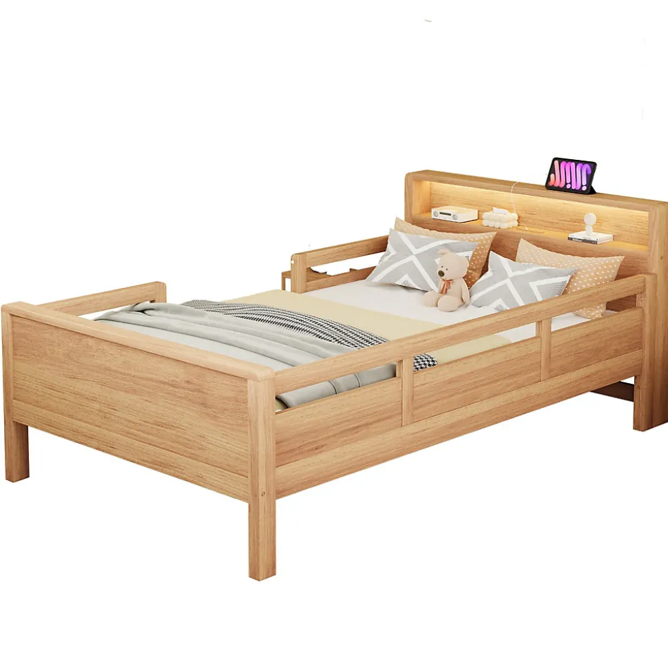 Lit enfant 90x200 cm simple avec USB/Type-C, LED et tête de lit rangement, pin massif et MDF naturel, sans matelas