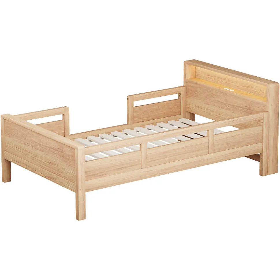 Lit enfant 90x200 cm simple avec USB/Type-C, LED et tête de lit rangement, pin massif et MDF naturel, sans matelas