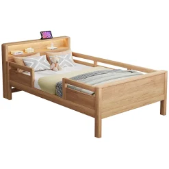 Lit enfant 90x200 cm simple avec USB/Type-C, LED et tête de lit rangement, pin massif et MDF naturel, sans matelas
