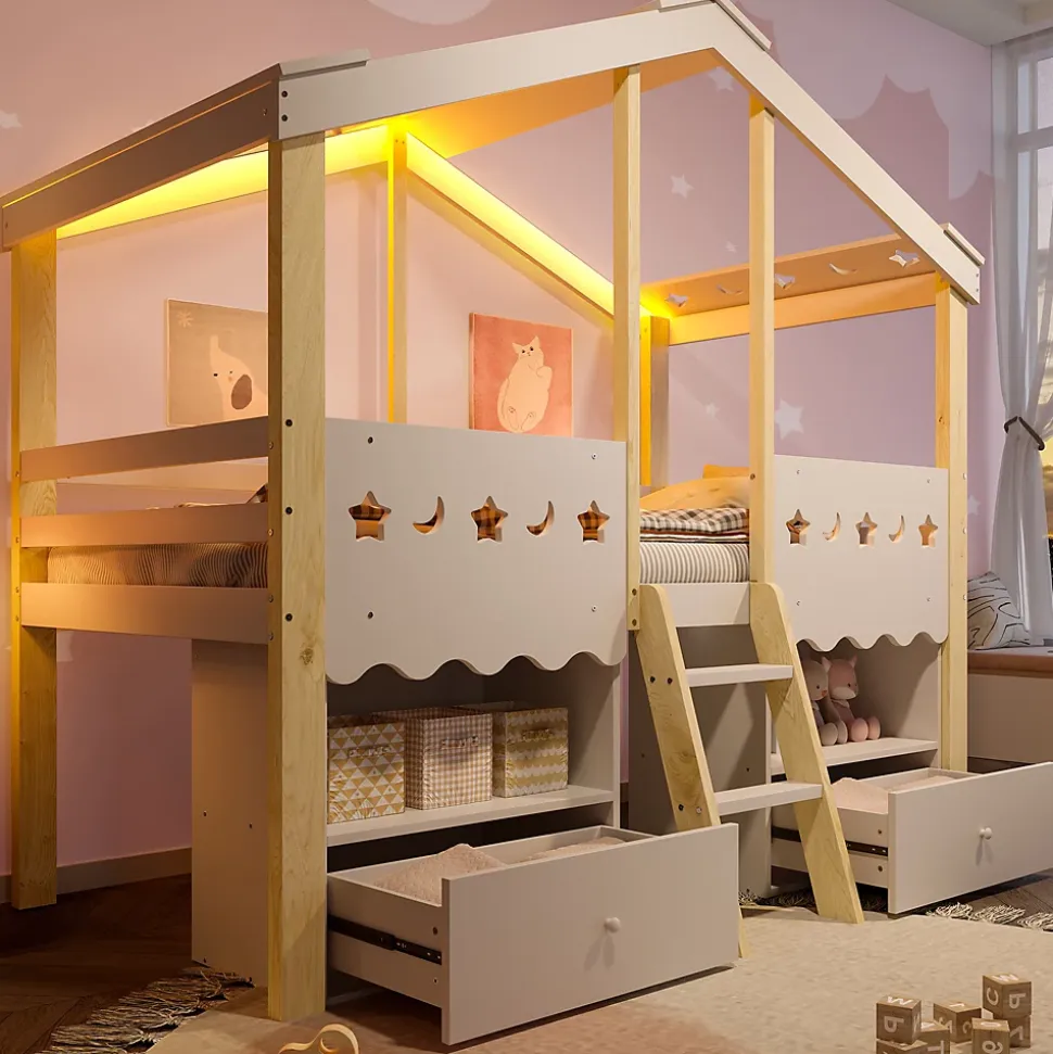 Lit enfant 90x200 cm simple mi-hauteur avec cabane, tiroirs pratiques et éclairage LED, pin+MDF blanc et bois clair