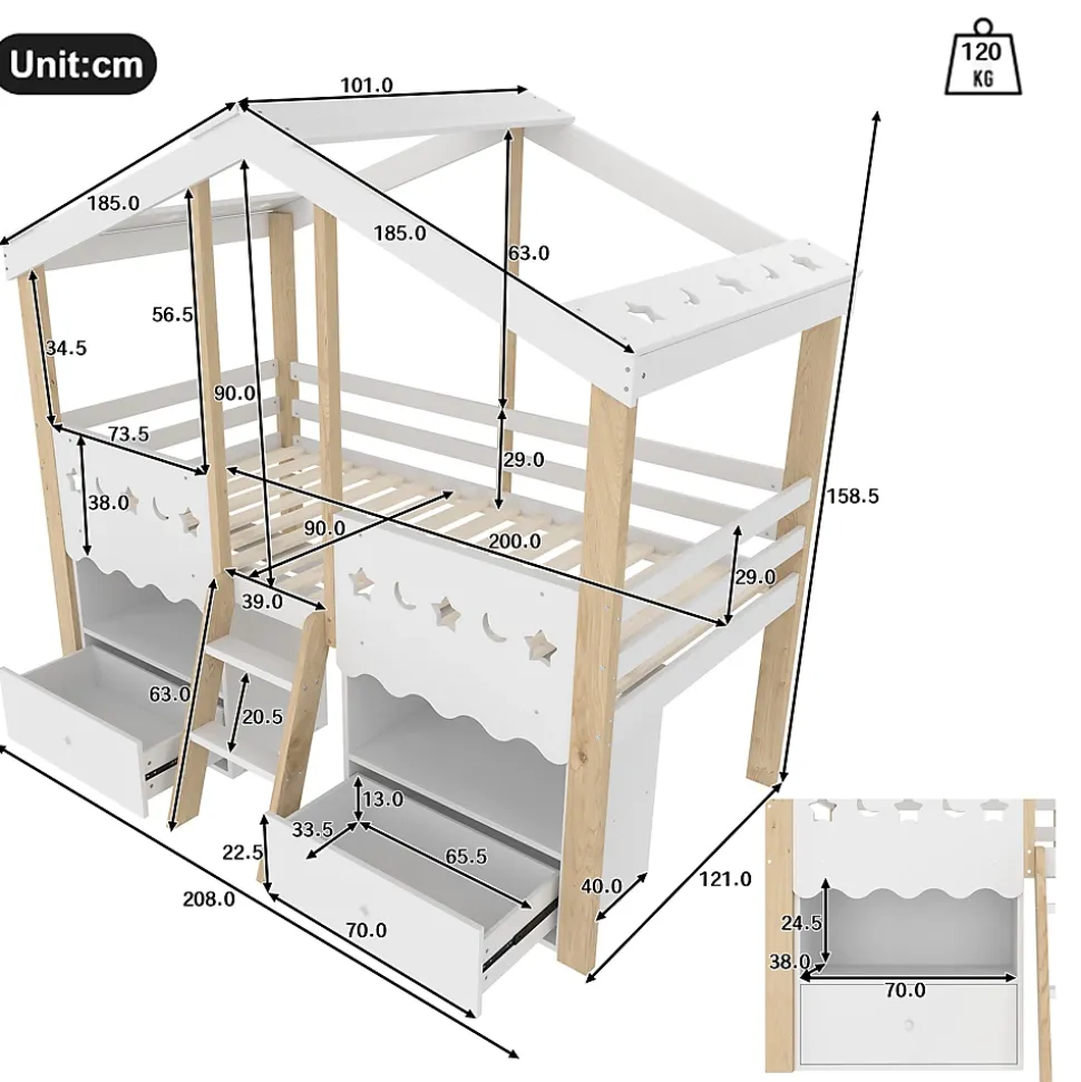 Lit enfant 90x200 cm simple mi-hauteur avec cabane, tiroirs pratiques et éclairage LED, pin+MDF blanc et bois clair