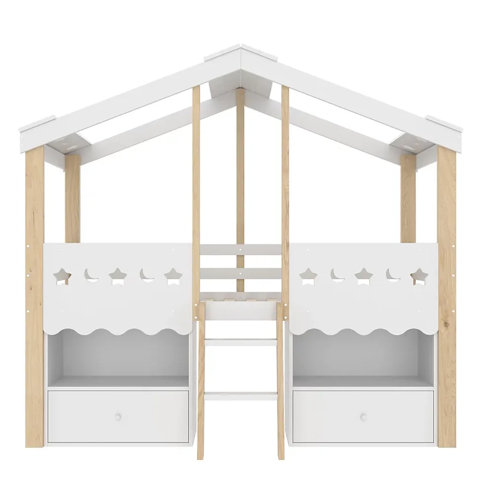 Lit enfant 90x200 cm simple mi-hauteur avec cabane, tiroirs pratiques et éclairage LED, pin+MDF blanc et bois clair