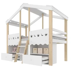 Lit enfant 90x200 cm simple mi-hauteur avec cabane, tiroirs pratiques et éclairage LED, pin+MDF blanc et bois clair