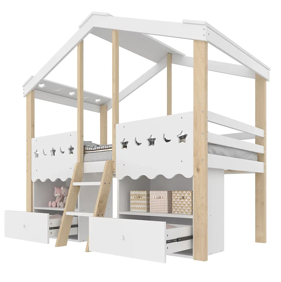 Lit enfant 90x200 cm simple mi-hauteur avec cabane, tiroirs pratiques et éclairage LED, pin+MDF blanc et bois clair