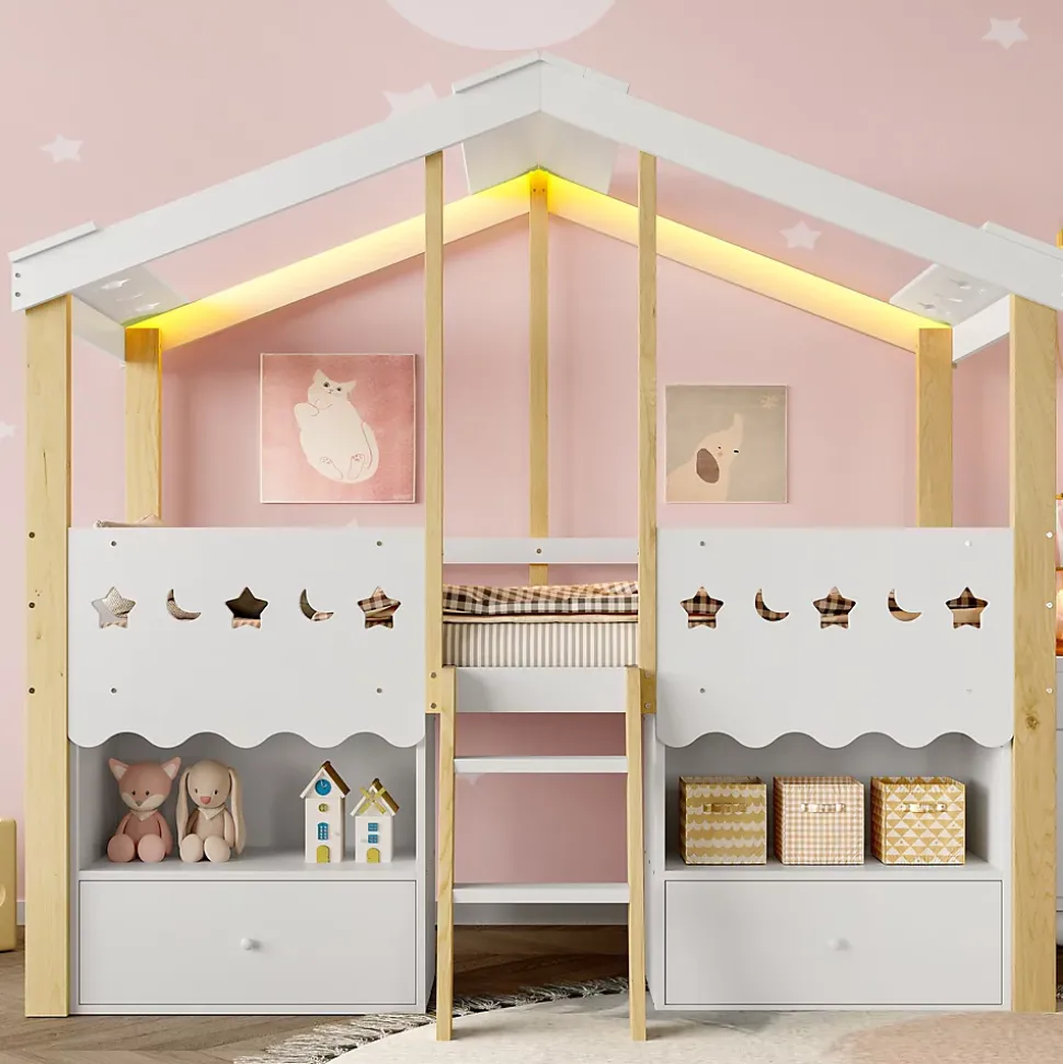 Lit enfant 90x200 cm simple mi-hauteur avec cabane, tiroirs pratiques et éclairage LED, pin+MDF blanc et bois clair