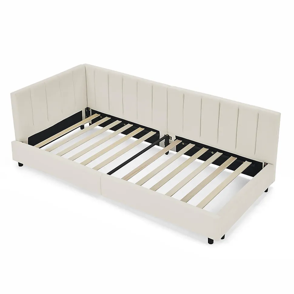 Lit enfant 90x200 cm, velours, dossier haut - beige