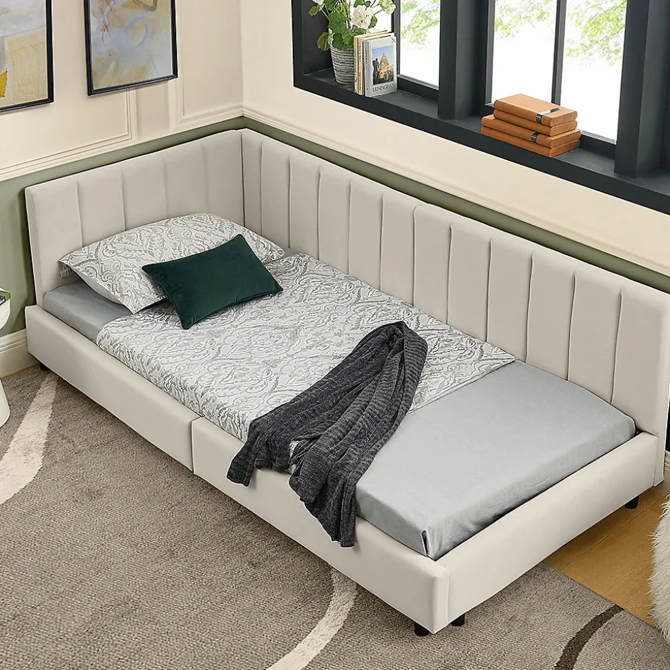 Lit enfant 90x200 cm, velours, dossier haut - beige