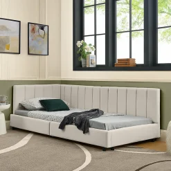 Lit enfant 90x200 cm, velours, dossier haut - beige