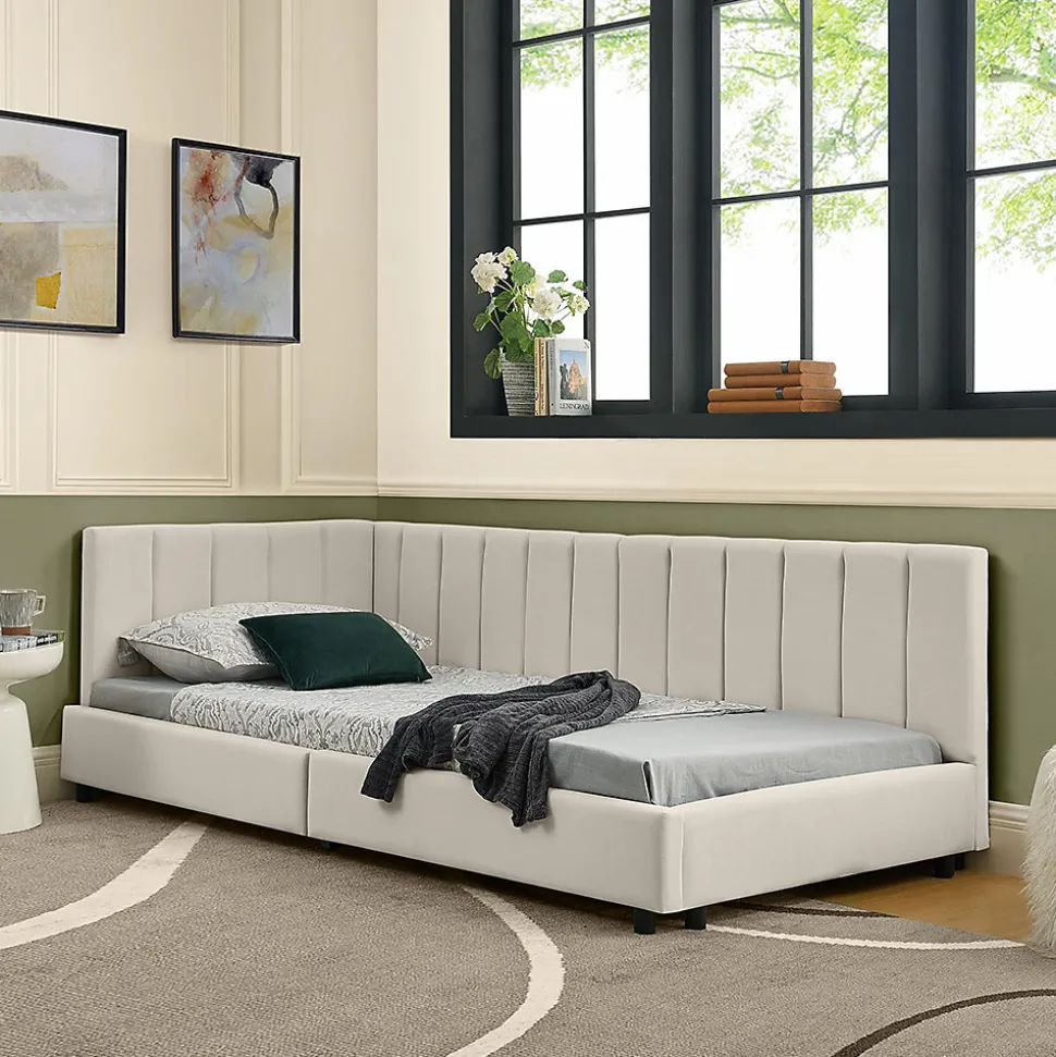 Lit enfant 90x200 cm, velours, dossier haut - beige