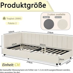 Lit enfant 90x200 cm, velours, dossier haut - beige