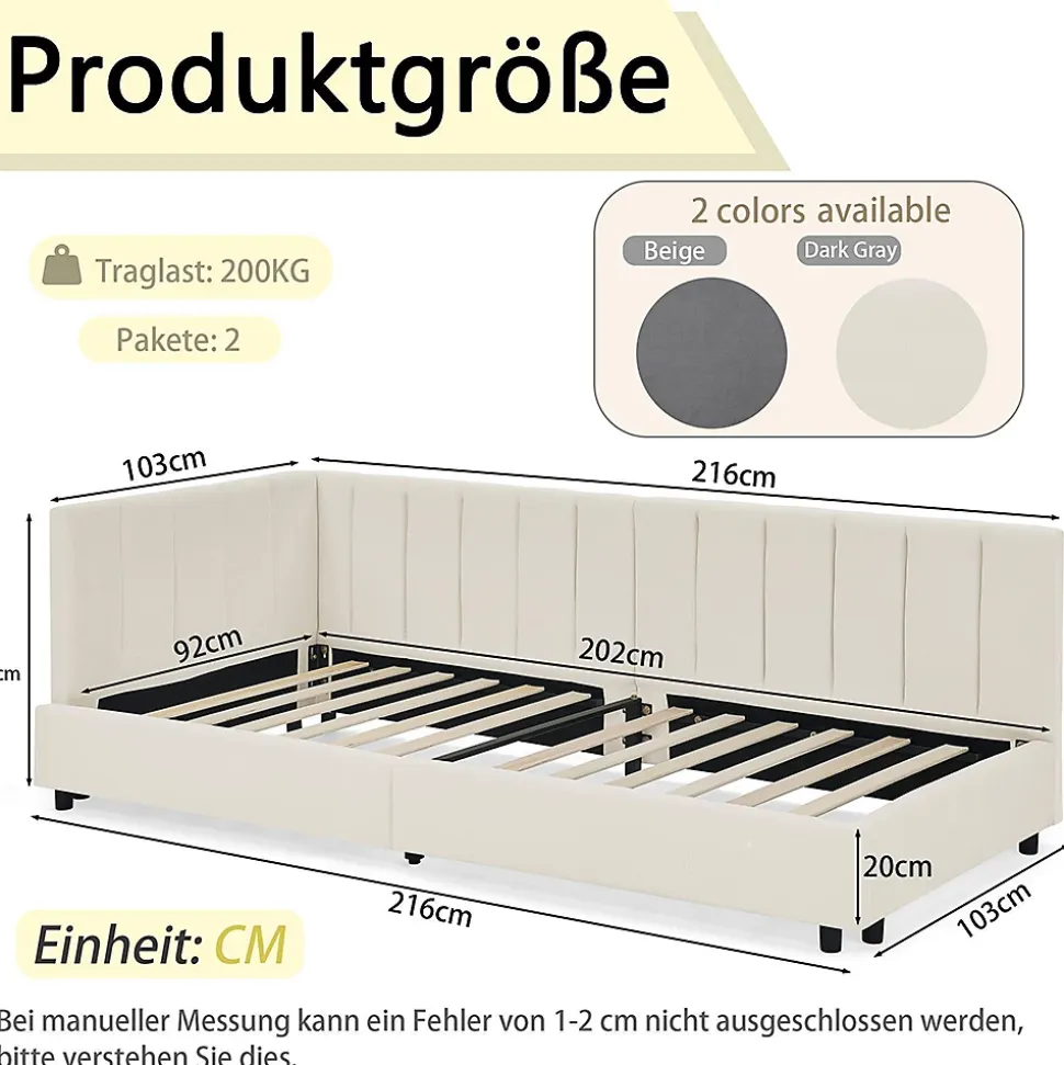 Lit enfant 90x200 cm, velours, dossier haut - beige