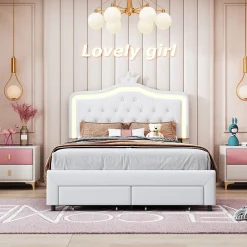 lit enfant 140x200 cm,lit simple capitonné 140 x 200 avec tiroir,LED réglable,lit princesse avec couronne,PU,blanc