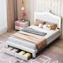lit enfant 140x200 cm,lit simple capitonné 140 x 200 avec tiroir,LED réglable,lit princesse avec couronne,PU,blanc