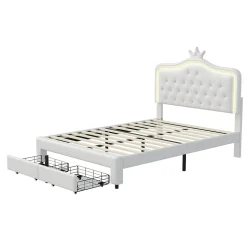 lit enfant 140x200 cm,lit simple capitonné 140 x 200 avec tiroir,LED réglable,lit princesse avec couronne,PU,blanc