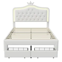 lit enfant 140x200 cm,lit simple capitonné 140 x 200 avec tiroir,LED réglable,lit princesse avec couronne,PU,blanc