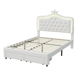 lit enfant 140x200 cm,lit simple capitonné 140 x 200 avec tiroir,LED réglable,lit princesse avec couronne,PU,blanc