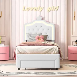 lit enfant 90x200 cm,lit simple capitonné 90 x 200 avec tiroir,LED réglable,lit princesse avec couronne,PU,blanc