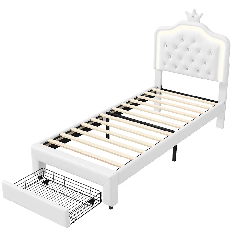 lit enfant 90x200 cm,lit simple capitonné 90 x 200 avec tiroir,LED réglable,lit princesse avec couronne,PU,blanc