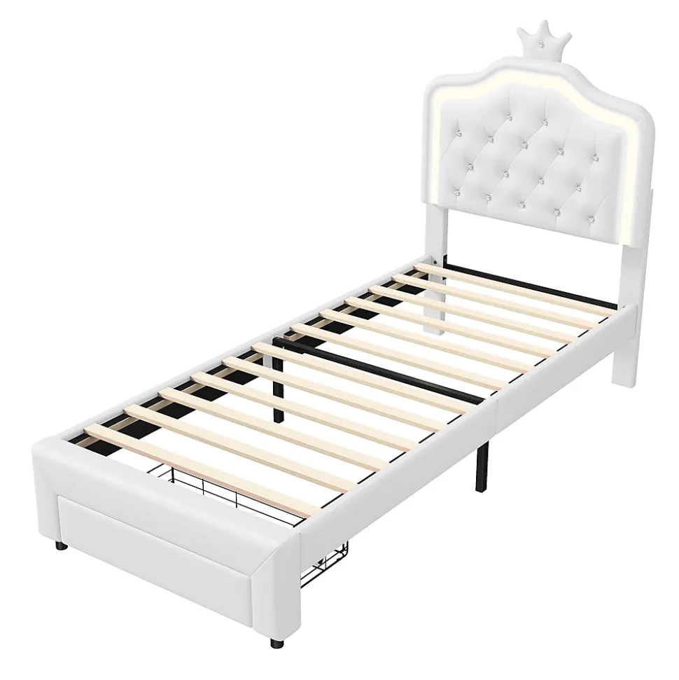 lit enfant 90x200 cm,lit simple capitonné 90 x 200 avec tiroir,LED réglable,lit princesse avec couronne,PU,blanc