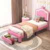 lit enfant 90x200 cm,lit simple capitonné 90 x 200 avec tiroir,LED réglable,lit princesse avec couronne,PU,ROSE
