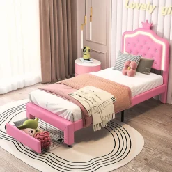 lit enfant 90x200 cm,lit simple capitonné 90 x 200 avec tiroir,LED réglable,lit princesse avec couronne,PU,ROSE