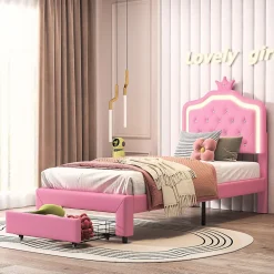 lit enfant 90x200 cm,lit simple capitonné 90 x 200 avec tiroir,LED réglable,lit princesse avec couronne,PU,ROSE