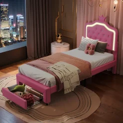 lit enfant 90x200 cm,lit simple capitonné 90 x 200 avec tiroir,LED réglable,lit princesse avec couronne,PU,ROSE