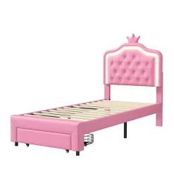 lit enfant 90x200 cm,lit simple capitonné 90 x 200 avec tiroir,LED réglable,lit princesse avec couronne,PU,ROSE