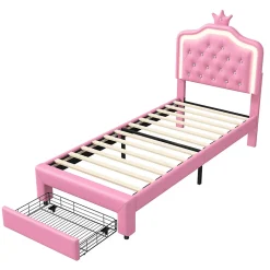 lit enfant 90x200 cm,lit simple capitonné 90 x 200 avec tiroir,LED réglable,lit princesse avec couronne,PU,ROSE