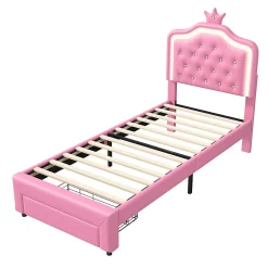 lit enfant 90x200 cm,lit simple capitonné 90 x 200 avec tiroir,LED réglable,lit princesse avec couronne,PU,ROSE