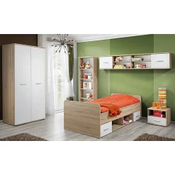 Lit enfant 90x200 collection DENVER. coloris chene et blanc. Tiroirs inclus