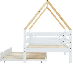 Lit enfant 90x200 et 90x190cm, cadre en bois massif, lit simple avec roulettes et lit gigogne, forme maison, blanc+naturelle