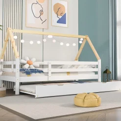 Lit enfant 90x200 et 90x190cm, cadre en bois massif, lit simple avec roulettes et lit gigogne, forme maison, blanc+naturelle