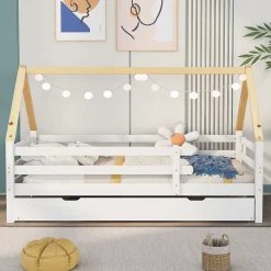 Lit enfant 90x200 et 90x190cm, cadre en bois massif, lit simple avec roulettes et lit gigogne, forme maison, blanc+naturelle