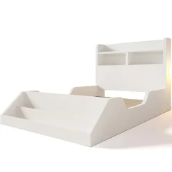 Lit enfant 90x200cm - avec bibliothèque amovible - tête de lit avec étagère - avec veilleuse - Blanc (sans matelas)