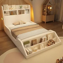 Lit enfant 90x200cm - avec bibliothèque amovible - tête de lit avec étagère - avec veilleuse - Blanc (sans matelas)