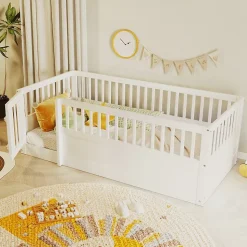 Lit enfant 90x200cm - cadre en bois - barrières de sécurité - porte - blanc (sommier non inclus)